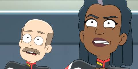 Stevens and Captain Freeman looking shocked in Star Trek: Lower Decks Season 5 Ep 8