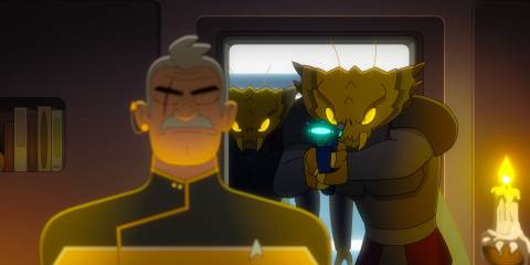 Clickets pointing their weapons at Shaxs, who is meditating in Star Trek: Lower Decks Season 5 Ep 8