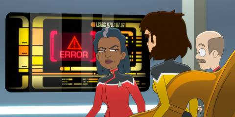 Captain Freeman looking suspiciously at an ensign in Star Trek: Lower Decks Season 5 Ep 8