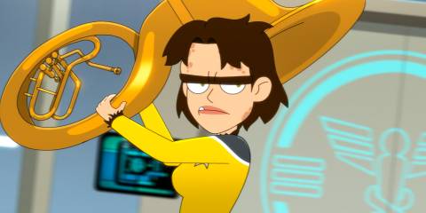 An ensign using his tuba as a weapon to fight Clickets in Star Trek: Lower Decks Season 5 Ep 8