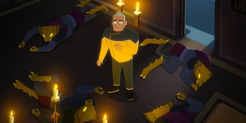 Shaxs awakens from their meditation and discovers they have defeated several Clickers in Star Trek: Lower Decks Season 5 Ep 8