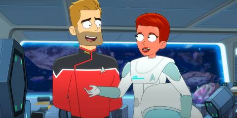 Ransom looking embarrassed in front of Moxy for having discovered his plan in Star Trek: Lower Decks Season 5 Ep 8