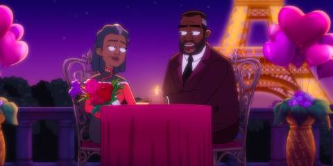 Captain Freeman and her husband at a romantic dinner for their anniversary in Star Trek: Lower Decks Season 5 Ep 8