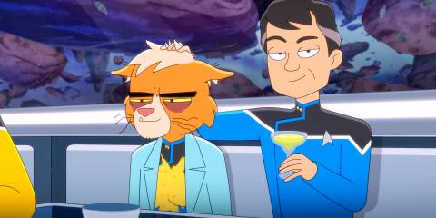 Westlake petting T'Ana in Star Trek: Lower Decks Season 5 Ep 8