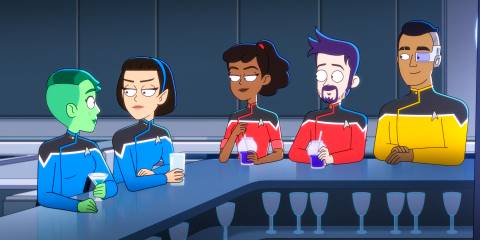 The Cerritos crew hanging out at the bar in Star Trek: Lower Decks Season 5 Ep 8