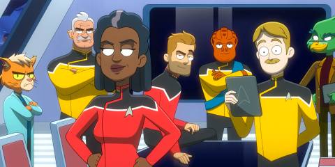 The bridge crew of the USS Cerritos in Star Trek: Lower Decks Season 5 Ep 8