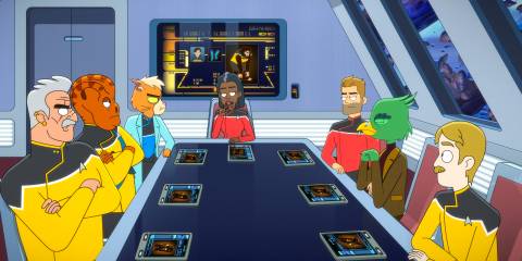 The bridge crew in a work meeting in Star Trek: Lower Decks Season 5 Ep 8