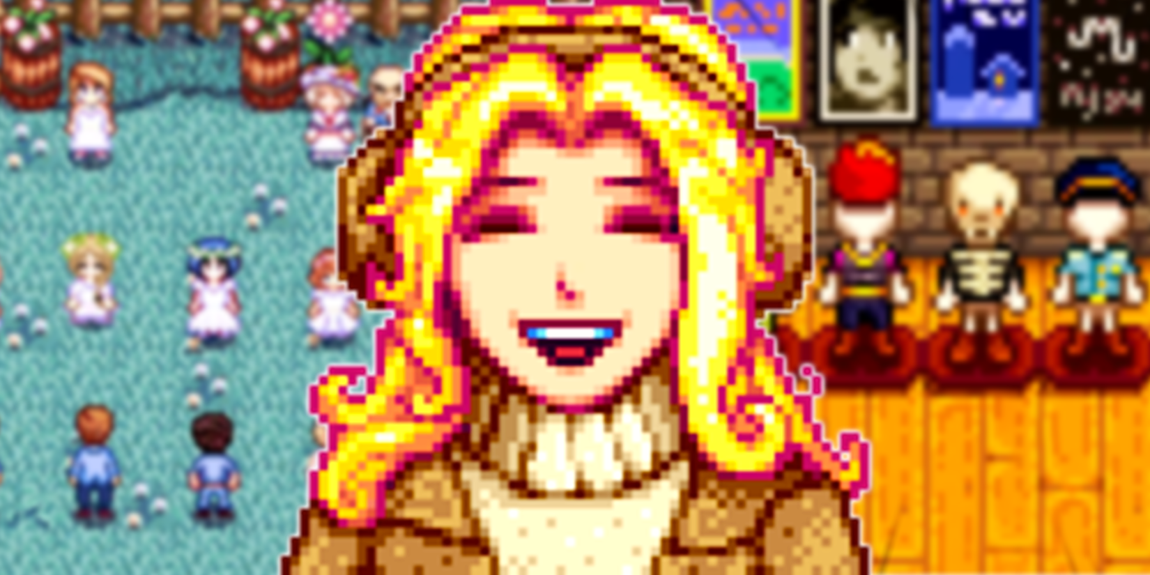 Stardew Valley haley laughing with the flower festival and a series of mannequins behind her