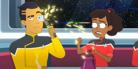 Rutherford repairing his cybernetic implant, while Mariner watches him with concern in Star Trek: Lower Decks Season 5 Ep 9