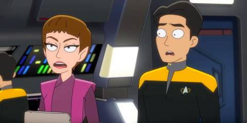 Harry Kim looking puzzled at T'Pol in Star Trek: Lower Decks Season 5 Ep 9
