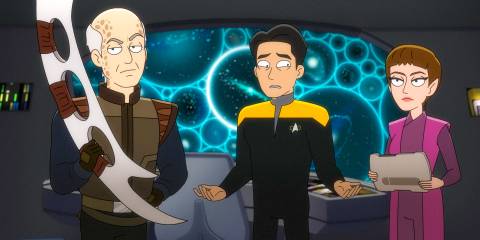 Harry Kim looking confused while Curzon Dax and T'Pol look at him with indifference in Star Trek: Lower Decks Season 5 Ep 9
