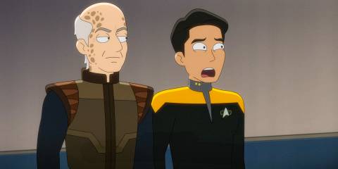 Curzon Dax looking at Harry Kim with disdain in Star Trek: Lower Decks Season 5 Ep 9