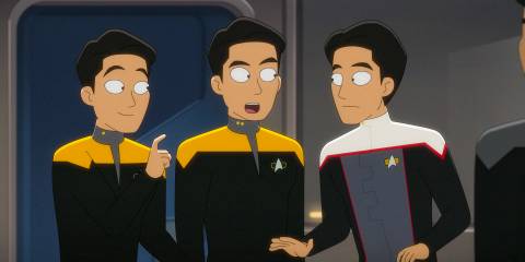 The new Harry Kim being welcomed by the crew of Harry Kims in Star Trek: Lower Decks Season 5 Ep 9