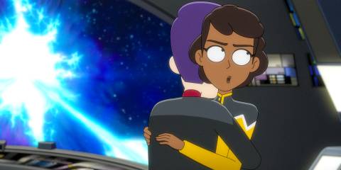 Mariner looking confused by Boimler's hug in Star Trek: Lower Decks Season 5 Ep 9