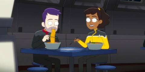 Boimler and Mariner eating noodles in Star Trek: Lower Decks Season 5 Ep 9