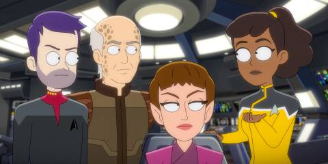 Boimler, Curzon Dax, T'Pol and Mariner looking puzzled in Star Trek: Lower Decks Season 5 Ep 9