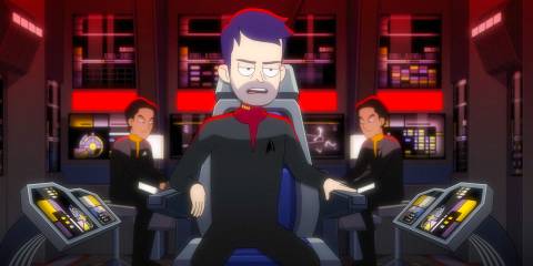 Boimler looking evil while in charge of the Anaximander ship in Star Trek: Lower Decks Season 5 Ep 9