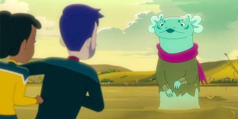 Boimler and Mariner facing what appears to be a friendly Khwopian in Star Trek: Lower Decks Season 5 Ep 9