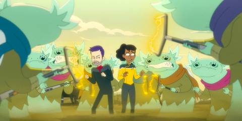 Boimler and Mariner being intimidated by a group of enraged Khwopas in Star Trek: Lower Decks Season 5 Ep 9