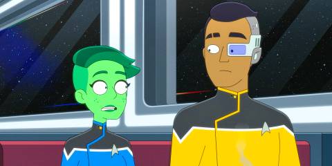 Tendi and Rutherford looking at each other with concern in Star Trek: Lower Decks Season 5 Ep 9