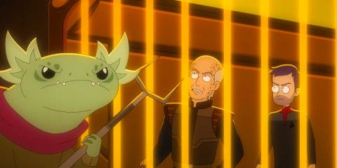 Dr. Julian Bashir and Boimler imprisoned by the Khwopas in Star Trek: Lower Decks Season 5 Ep 9