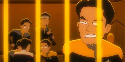 A group of furious Harry Kims imprisoned in Star Trek: Lower Decks Season 5 Ep 9