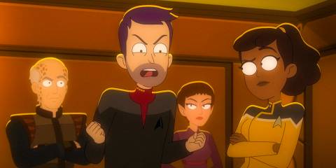 Mariner and the crew watching Boimler have a fit of rage in Star Trek: Lower Decks Season 5 Ep 9