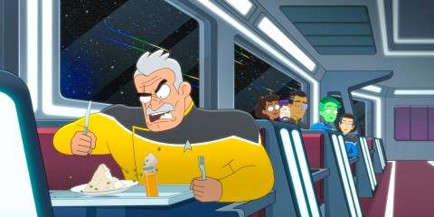 Shaxs looking furious while eating dinner in Star Trek: Lower Decks Season 5 Ep 9