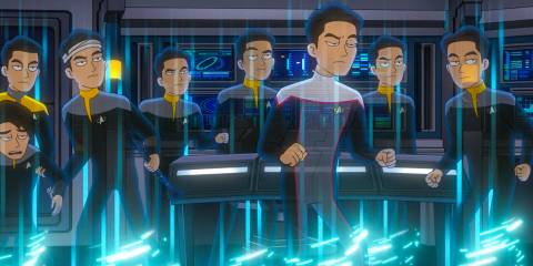 A group of Harry Kims teleporting in Star Trek: Lower Decks Season 5 Ep 9