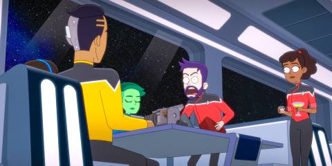 Boimler screaming in madness in front of the Cerritos crew in Star Trek: Lower Decks Season 5 Ep 9