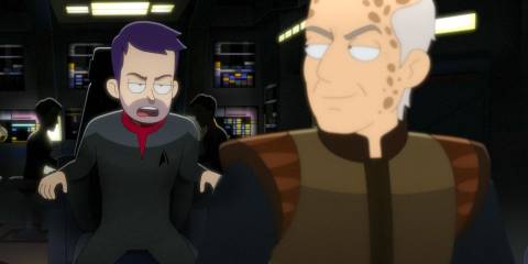 Boimler and Curzon Dax looking at each other with complicity in Star Trek: Lower Decks Season 5 Ep 9