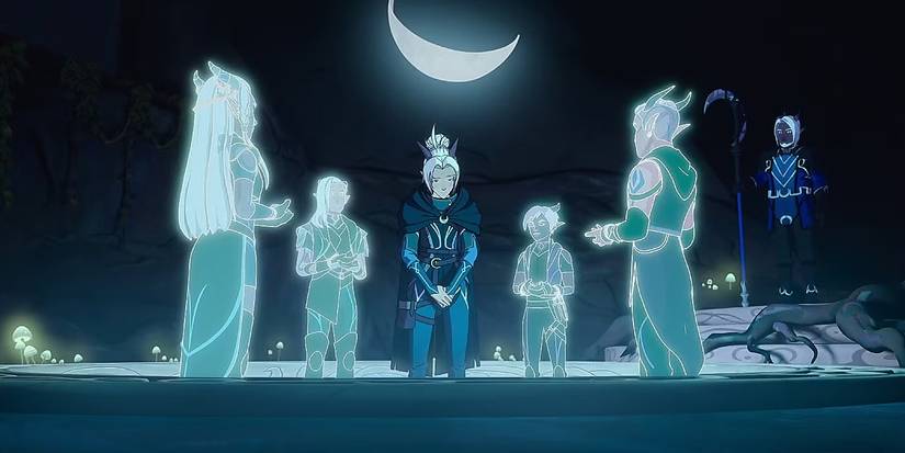 Rayla surrounded by Moonshadow Elves in The Dragon Prince