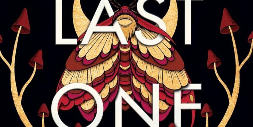 The Last One book cover featuring "Last One" in white text; a beige, red, and pink moth; mushrooms; and a black background