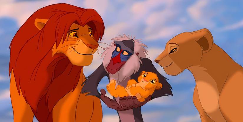 Mufasa, bayi Simba, Rafiki, dan Sarabi di The Lion King