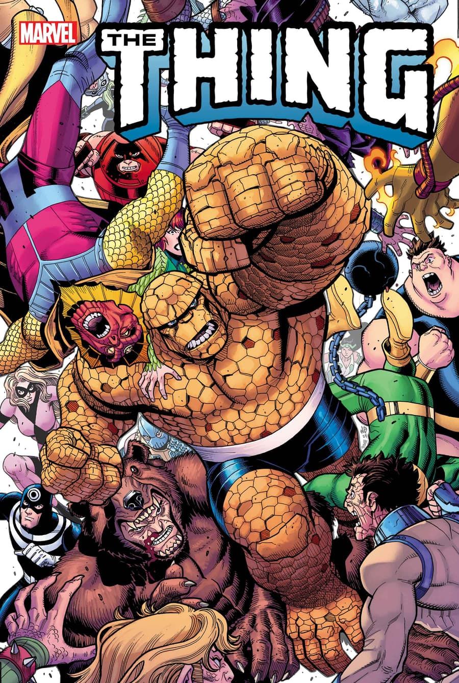The Thing fights various Marvel supervillains on the cover to The Thing (2025) #1