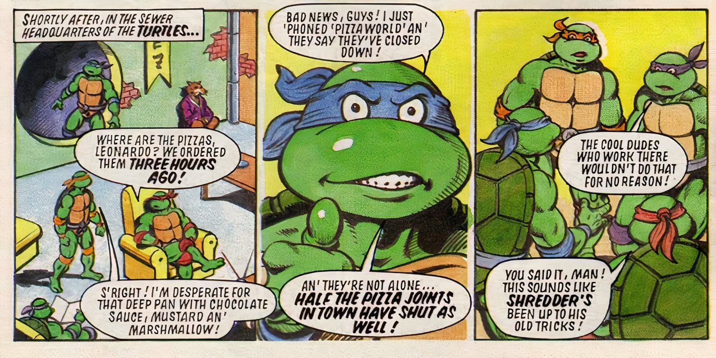 TMNT discuss pizza with chocolate sauce, mustard, and marshmallow before Leonardo reveals all the pizza places have shut down