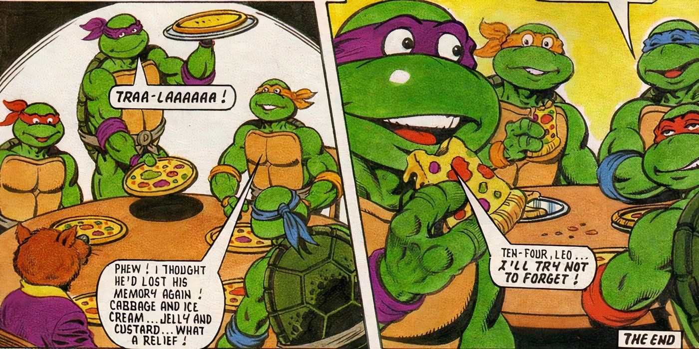 TMNT Donatello regains his memories and brings out two pizzas to share with his brothers, one cabbage and ice cream and one jelly and custard