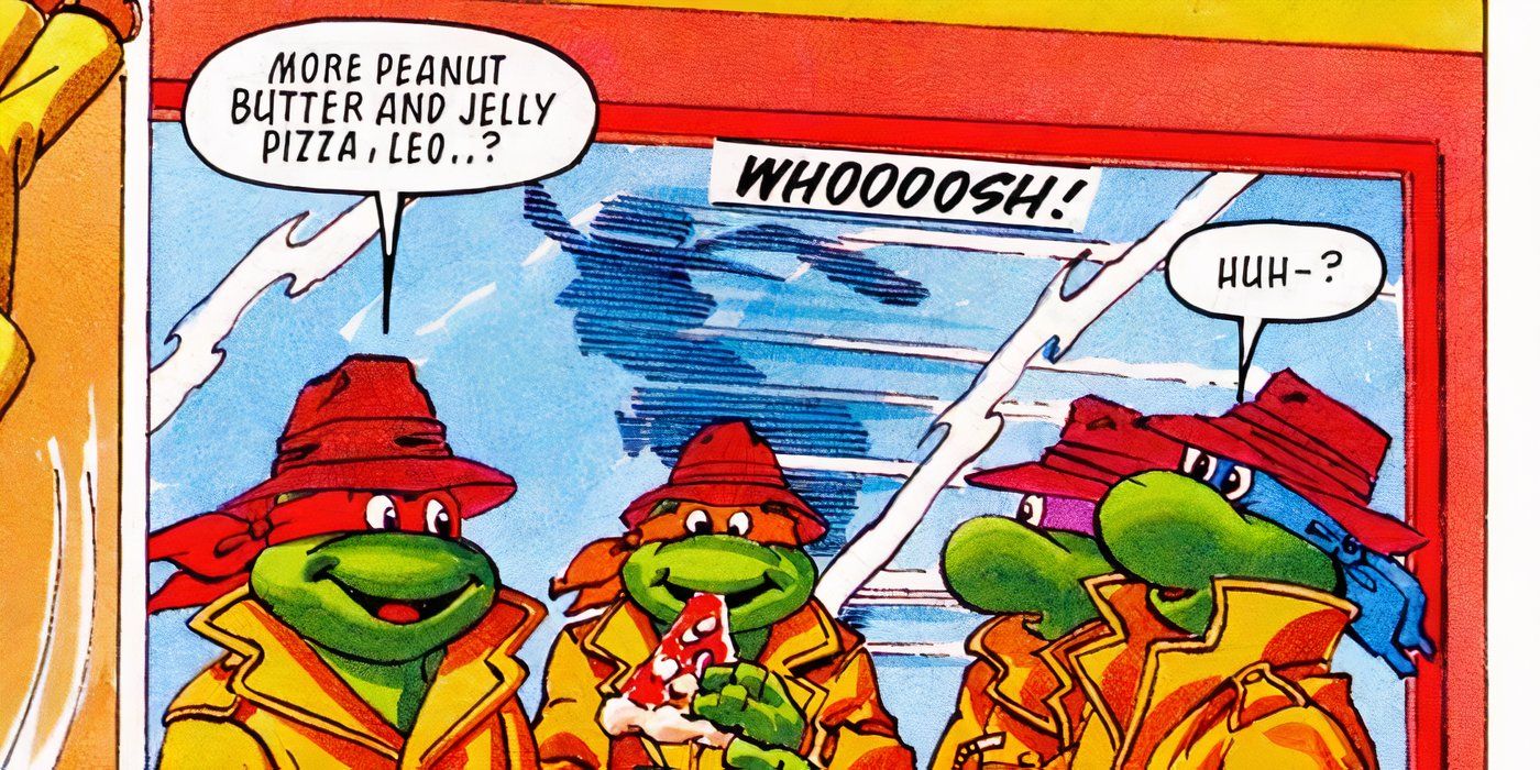 TMNT eat peanut butter and jelly pizza together and Raph asks if Leo wants more