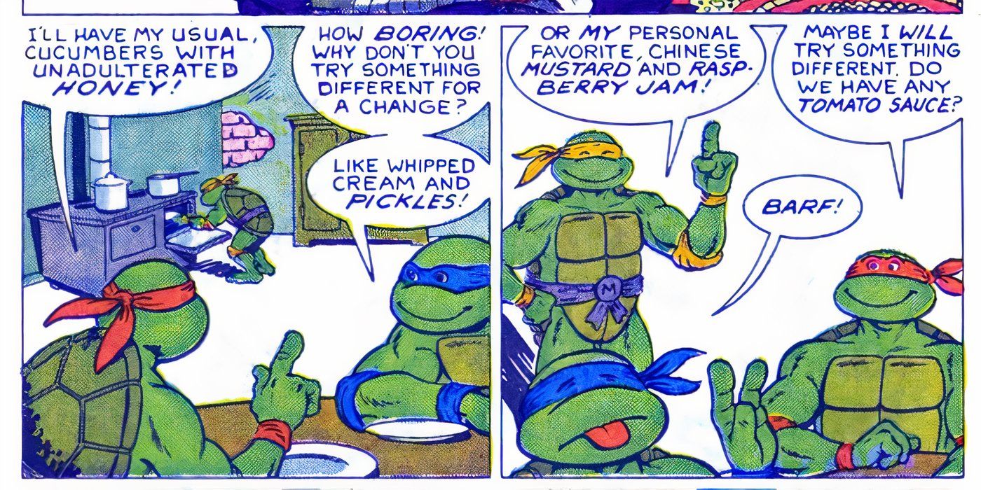 TMNT Michelangelo and his brothers discuss various gross pizza flavors, and Leonardo is only grossed out when Raphael mentions tomato sauce