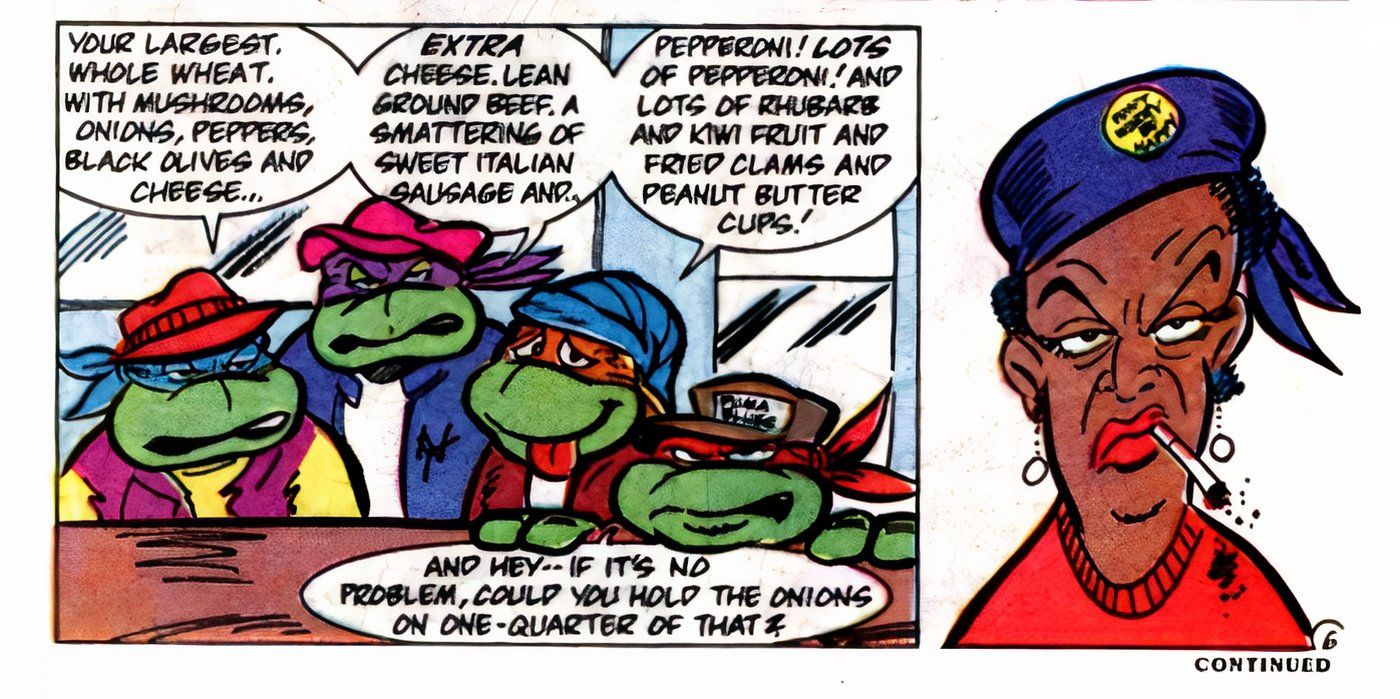 TMNT Ninja turtles order an elaborate pizza with gross toppings including fried clams, and the server looks unamused
