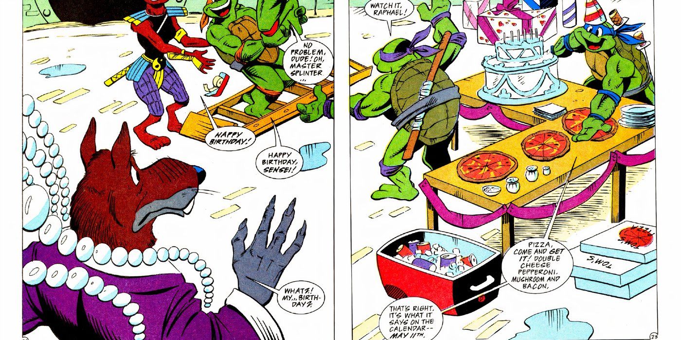 TMNT surprise Splinter on his birthday with double cheese, pepperoni, mushroom, and bacon pizza