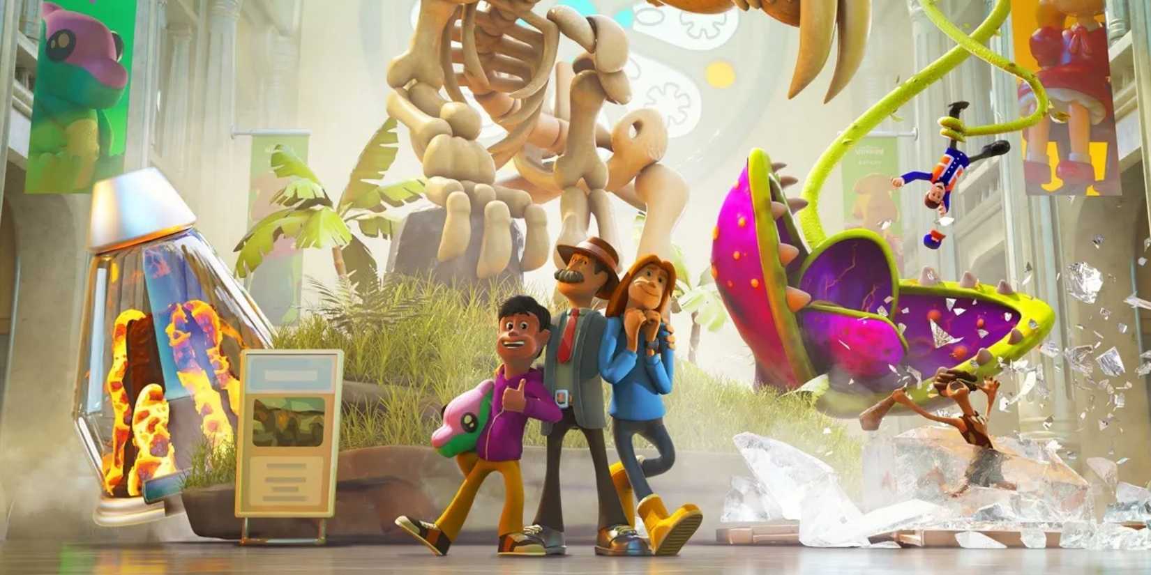 Obra-prima principal do Two Point Museum mostrando uma família em frente a exposições caóticas do museu