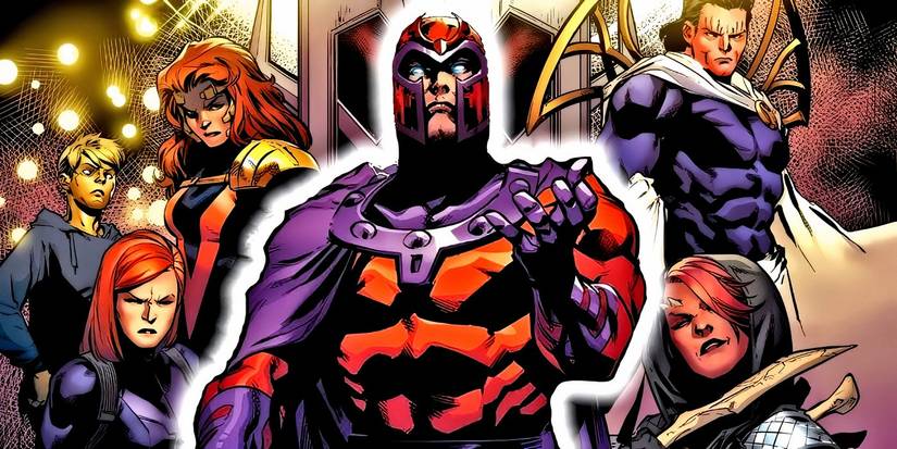 Comic book art: Magneto with his Brotherhood of Mutants standing behind him.