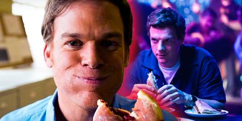 Dexter Morgan eating a donut in Dexter and eating a sandwich in Dexter: Original Sin