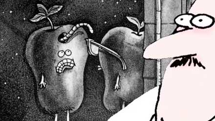The Far Side, wide-eyed man (right, color) and an apple with a worm in its head (black and white, left)