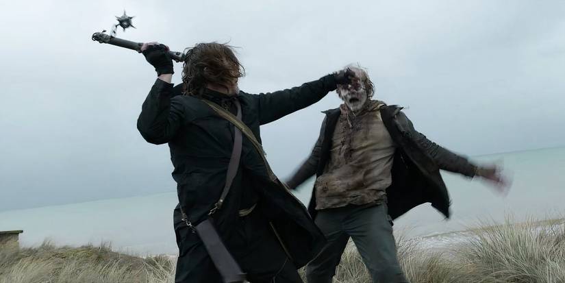 Daryl hitting a walker with a flail