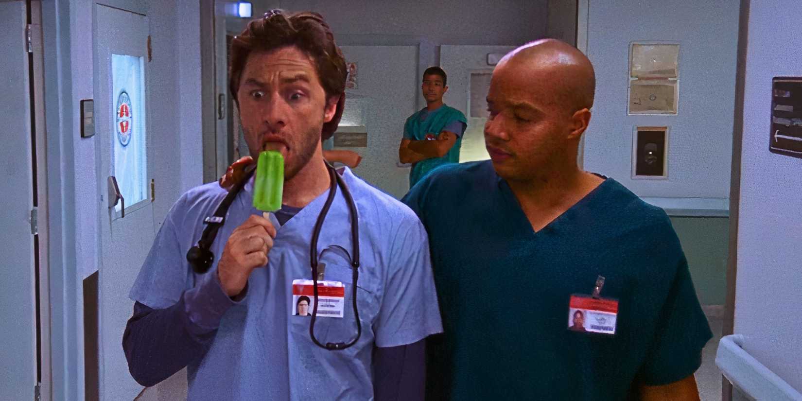 Zach Braff eating an ice cream as JD in Scrubs with Donald Faison's Turk putting his arm around him
