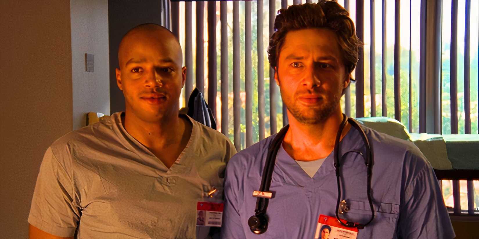 10 Original Scrubs Episodes That Have Aged Poorly 9 Donald Faison as Turk standing next to Zach Braff as JD in Scrubs