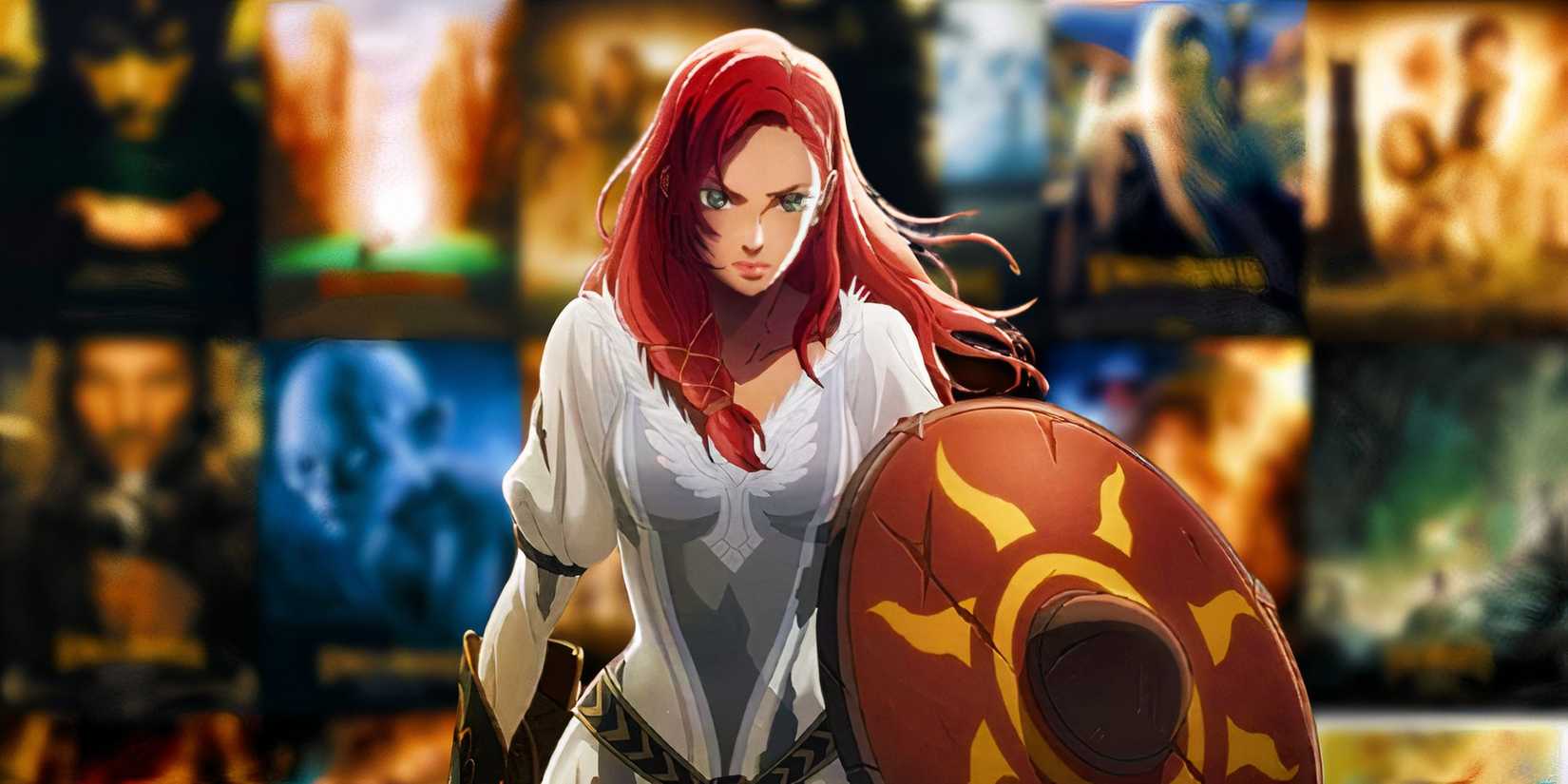 Хэра, стоящая со своим щитом из «Войны Рохиримов» (2024) поверх размытых постеров всего сериала «Властелин колец»