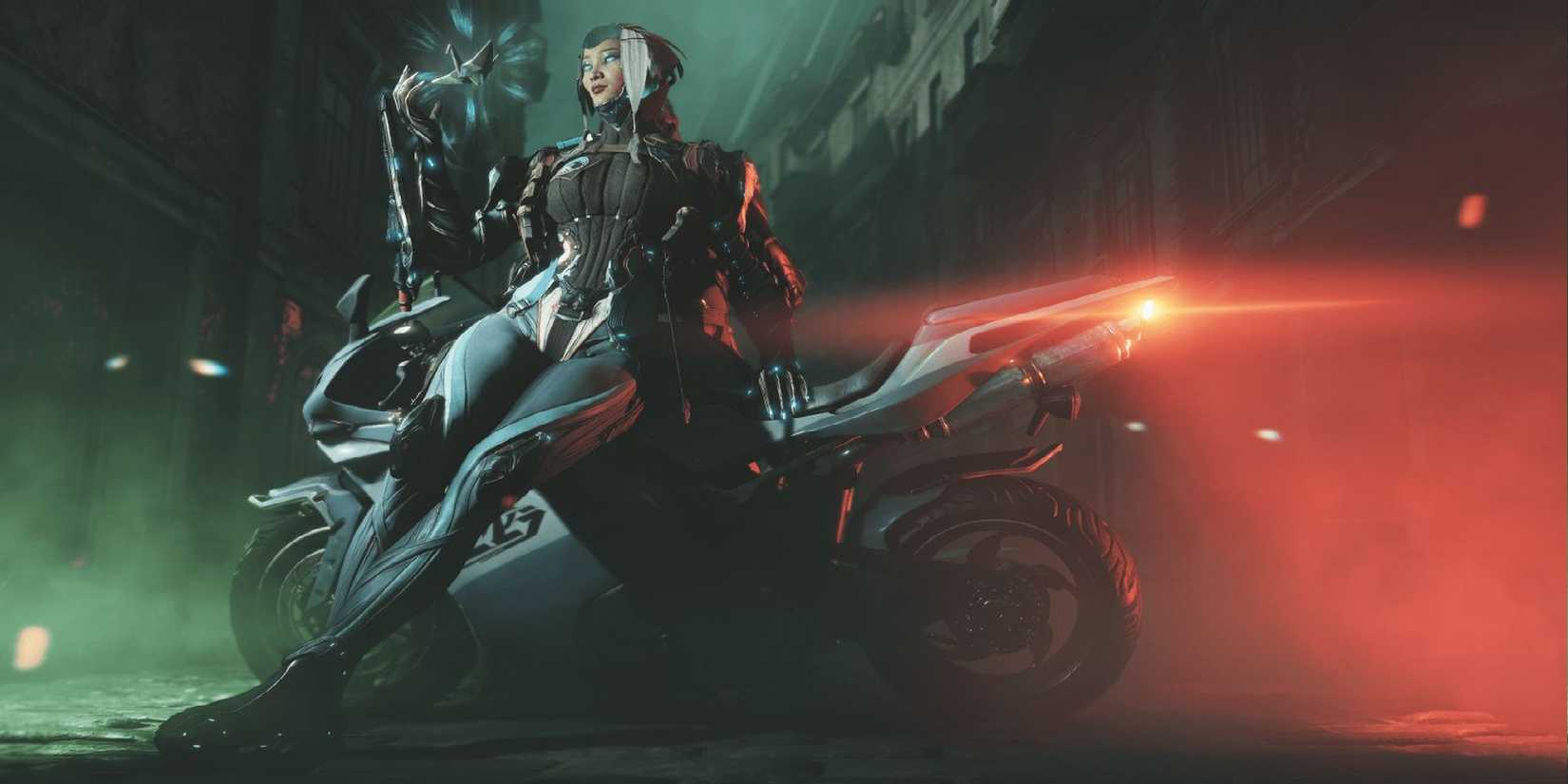 Warframe Hex member Aoi leaning on her bike.